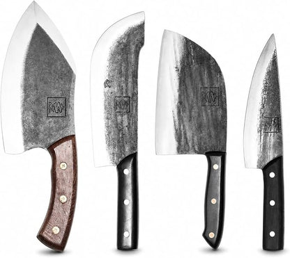 COOLINA Meat Lover 4-Knife Set, Hand-Forged High-Carbon Steel Kitchen Knives for Butchering, Slicing & Carving, Includes Promaja Cleaver, Lixy, Daozi & Altomino Tungsten Knife, Wood Handle