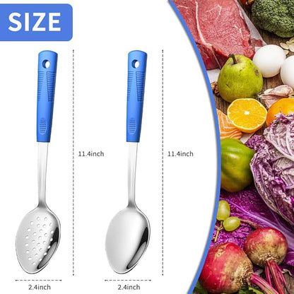 Metal Serving Spoons Set, Large Serving Spoons with Silicone Handles, Stainless Steel Serving Spoon, Slotted Spoon & Soup Ladle Set for Buffet and Home Kitchen (Blue)