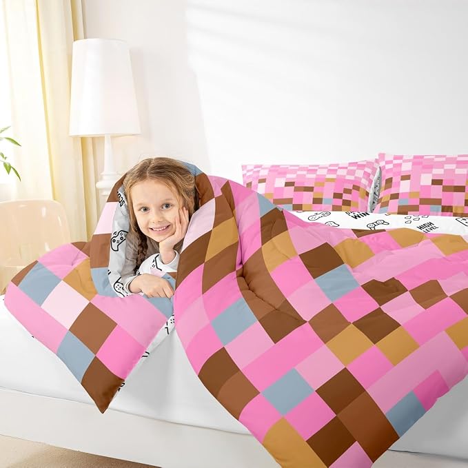 Manfei Pixelated Grid Bedding Set for Boys Girls,Games Gamepad Miners All Season Cozy Comforter Set Full Size,Geometric Grid Square Pink Blocks Duvet Set Bedroom Decor,Personalized Birthday Gifts