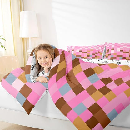 Manfei Pixelated Grid Bedding Set for Boys Girls,Games Gamepad Miners All Season Cozy Comforter Set Full Size,Geometric Grid Square Pink Blocks Duvet Set Bedroom Decor,Personalized Birthday Gifts