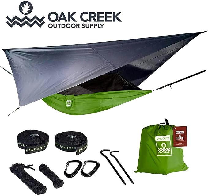 Oak Creek Camping Hammock and Accessories. Complete Package with Mosquito Bug Net, Rain Fly, Tree Straps. Great for Hiking, Backpacking, and Travel. Weighs Only 4 Pounds.
