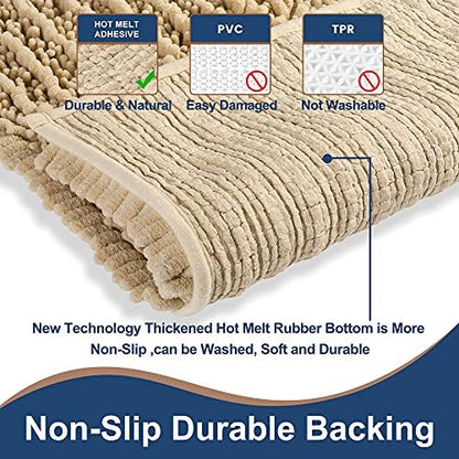 Luxury Chenille Beige Bathroom Rugs Sets 2 Piece, Thickened Hot Melt Rubber Bottom Bath Mats for Bathroom Non Slip,Bath Rugs Quick Dry Machine Washable for Shower Mat (47"x17"+17"x24")
