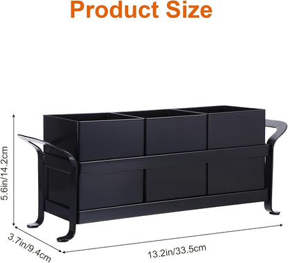 Cutlery Holder, Silverware Caddy Organizer Bin Holder - 3 Compartment Metal Utensil Tray with Drain Holes & Handle for Kitchen Countertop, Dining Table, Parties - Black