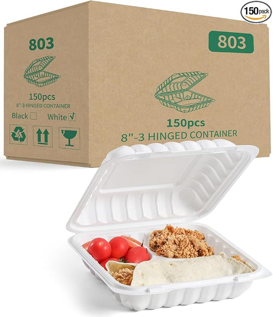 YANGRUI 150-Pack 34oz 8" White Hinged Containers - Mineral-Filled PP | Clean Packed Ready to Use | Heavy Duty Meal Prep & Takeout Boxes | Microwave Safe BPA Free, Stackable Clamshell for Leftovers