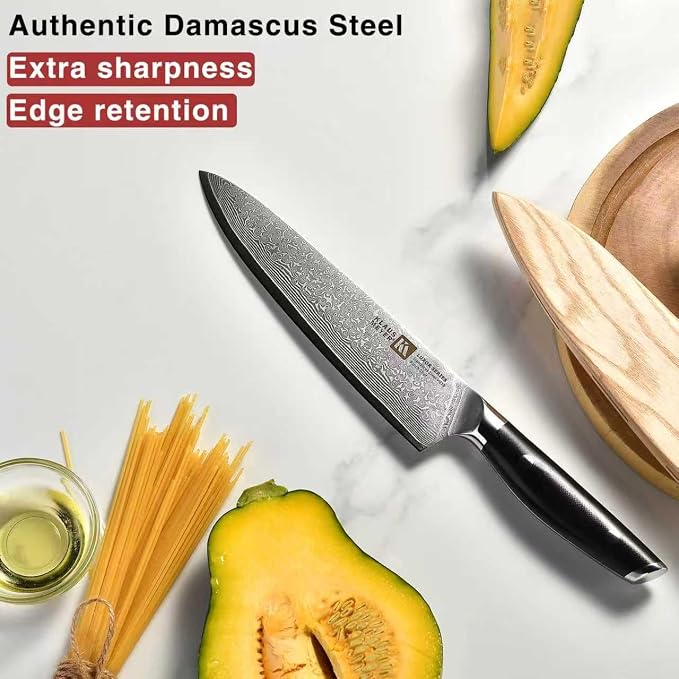 Klaus Meyer Luxor 8 Inch Chef Knife, Damascus Kitchen Knife, VG10 High Carbon Stainless Steel Japanese Chefs Knife