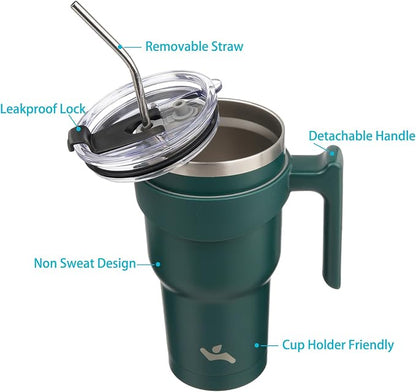 Konokyo 40 oz Tumbler with Handle and 2 Straw 2 Lid, Insulated Water Bottle Stainless Steel Vacuum Cup Reusable Travel Mug,Army Green
