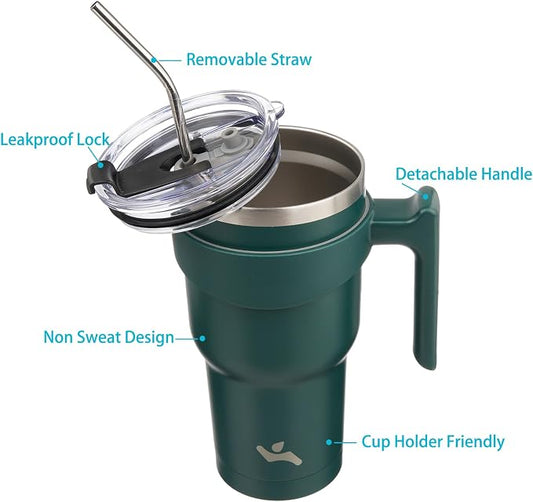 Konokyo 40 oz Tumbler with Handle and 2 Straw 2 Lid, Insulated Water Bottle Stainless Steel Vacuum Cup Reusable Travel Mug,Army Green
