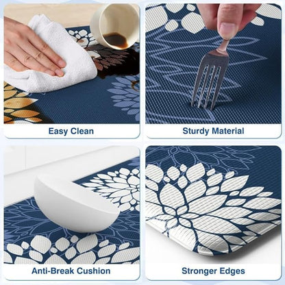 Kitchen Mats, 2PCS Non-Slip Cushioned Rugs, Anti-Fatigue Waterproof Floor Rug, Washable Standing Desk Mat, Home Laundry Office Apartment Decor and Accessories (17.3" ×59" +17.3" ×30"-Blue)