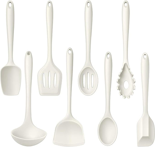LIANYU 8Pcs Kitchen Cooking Utensils Set, Silicone Utensil Sets, Heat Resistant Kitchen Gadgets Essentials for Nonstick Cookware with Spatula, Spoon, Tuner, Ladle, Dishwasher Safe, White