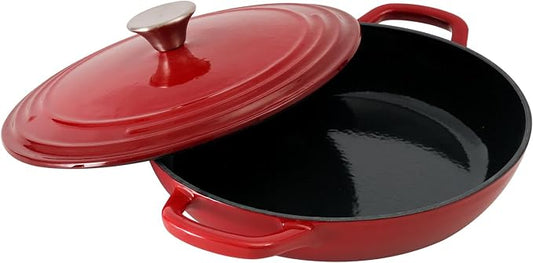 Flavehc Braiser Enameled Cast Iron Braiser 2.25 QT, Cast Iron Braiser Pan with Lid for Bread Baking, Soup & One Pot Meals, Small Shallow Dutch Oven Casserole for Oven & Induction, Red