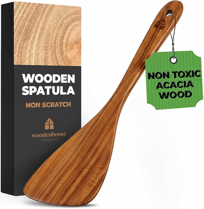 Wooden Spatula for Cooking, 12 Inch - Easy to Clean, Long-Lasting & Sturdy Natural Acacia Wood Spatula for Cooking - Wooden Spatulas with Comfortable Handle, Perfect for Flipping, Turning & Frying
