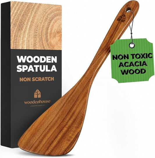 Wooden Spatula for Cooking, 12 Inch - Easy to Clean, Long-Lasting & Sturdy Natural Acacia Wood Spatula for Cooking - Wooden Spatulas with Comfortable Handle, Perfect for Flipping, Turning & Frying