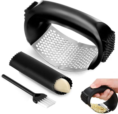 Stainless Steel Garlic Press Rocker Set with Garlic Peeler and Cleaning Brush, Garlic Mincer Tool Kitchen Gadgets Essentials