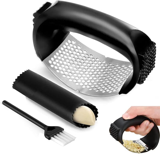 Stainless Steel Garlic Press Rocker Set with Garlic Peeler and Cleaning Brush, Garlic Mincer Tool Kitchen Gadgets Essentials