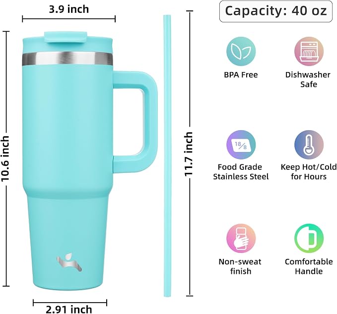 Konokyo 40 oz Tumbler with Handle and 2 Straws,2 in 1 Lid Insulated Water Bottle Stainless Steel Travel Coffee Mug,Turquoise