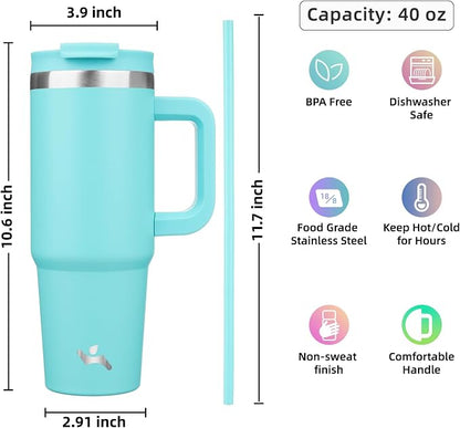 Konokyo 40 oz Tumbler with Handle and 2 Straws,2 in 1 Lid Insulated Water Bottle Stainless Steel Travel Coffee Mug,Turquoise