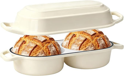 Mini Double Dutch Oven For Sourdough Bread Baking, 2.2QT Enameled Cast Iron Dutch Oven Pot With Lid, Non Stick Dual Round Bread Loaf Pan, 500°F Oven Safe, Sourdough Baking Pan For Homemade Baking