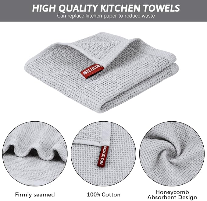 Nialnant 100% Cotton Dish Cloths for Washing Dishes, 4 Pack Waffle Weave Dish Towels,Super Soft Absorbent Cleaning Rags-Light Grey,12x12 Inch