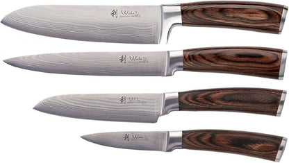 Wakoli EDIB 4-Piece Damascus Knife Block Set – Professional Kitchen Knives with Magnetic Acacia Block, 67-Layer Damascus Steel Blades and Ergonomic Pakkawood Handles – Premium Knife Set with Block
