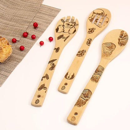 5 PCS Star War Burned Wooden Spoons Cooking Organic Spoons Turners Carved Spatulas Non-Stick for Cookware Kitchen Gadgets - Premium Quality Gifts for Housewarming and Wedding
