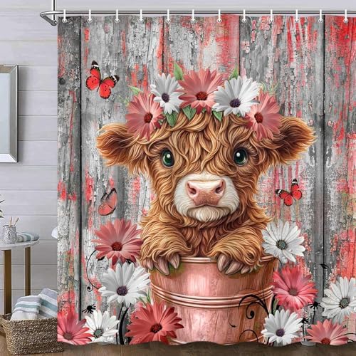 Funny Highland Cow Shower Curtain for Bathroom, Western Rustic Wood Farmhouse Bull Pink Floral Butterfly Country Flower Plant Art Printed Fabric Polyester Waterproof 12 Pack Plastic Hooks 70X70in