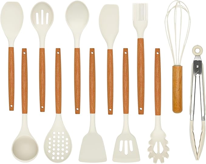 Kitchen Utensils Set - 12 Pcs Silicone Cooking Utensils Set with Wooden Handle - Heat Resistant Non-Stick BPA Free Spatula Set,Turner, Spoon, Brush, Silicone Kitchen Gadgets Utensil Set