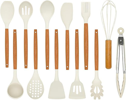 Kitchen Utensils Set - 12 Pcs Silicone Cooking Utensils Set with Wooden Handle - Heat Resistant Non-Stick BPA Free Spatula Set,Turner, Spoon, Brush, Silicone Kitchen Gadgets Utensil Set