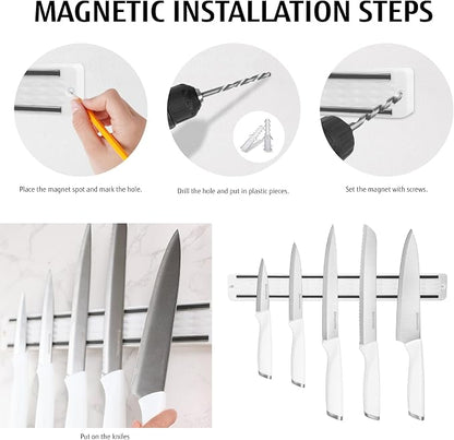 6-Piece White Knife Set with Magnetic Strip for Wall, Ultra Sharp Magnetic Knives Set for Kitchen, Dishwasher Safe Small Knife Set for Meat Vegetable Cutting