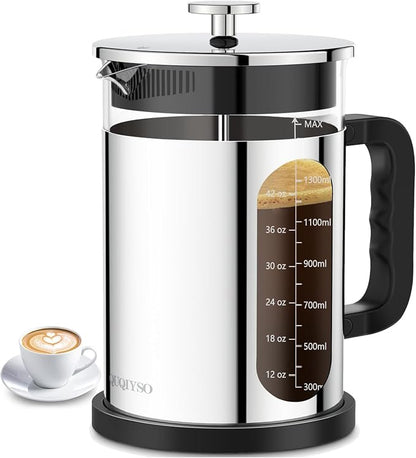 QUQIYSO French Press Coffee Maker 51oz 304 Stainless Steel French Press with 4 Filter, Borosilicate Glass Coffee Press