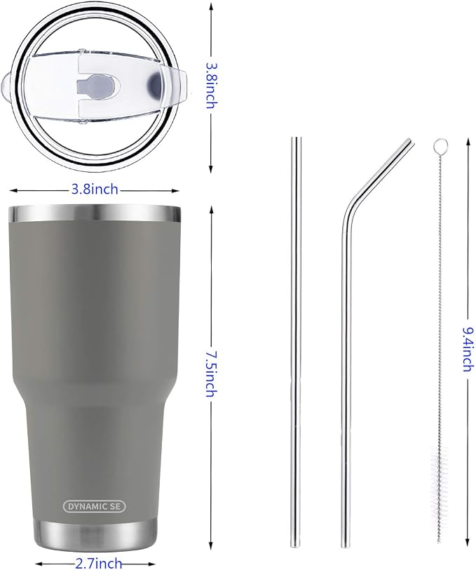 D·S 30oz Grey Tumbler Stainless Steel Insulated Travel Mug with Straw Lid Cleaning Brush (30oz Grey)