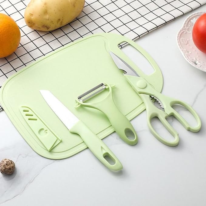 Magicorange Travel Cutting Board Set, 4 Pcs Portable Mini Camping Plastic Cutting Board Set & Stainless Steel Knife with Sheath, Fruits & Vegetable Peeler Scissors (Green)