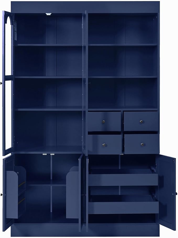 VilroCaz 75'' Tall Freestanding Kitchen Pantry Cabinet, Wood Large Cupboard Storage Buffet with Hutch, 4 Drawers, Door Shelves and Pull-Out Trays for Dining Room, Living Room (Blue-10.13)