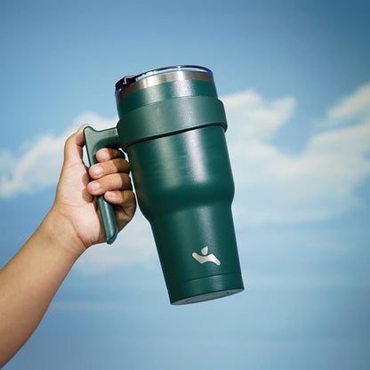 Konokyo 40 oz Tumbler with Handle and 2 Straw 2 Lid, Insulated Water Bottle Stainless Steel Vacuum Cup Reusable Travel Mug,Army Green