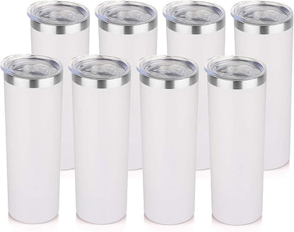 HASLE OUTFITTERS 20 oz Skinny Tumblers Bulk Set, Stainless Steel Insulated Slim Tumblers with Lids, Reusable Double Wall Travel Coffee Mugs, Durable Powder Coated Travel Water Cups(White, 8)