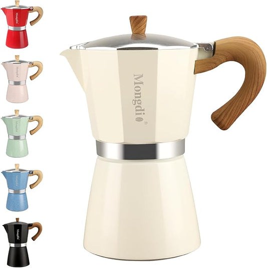 Mongdio Stovetop Espresso Maker Moka Pot, Cuban Coffee Maker Stove top coffee maker Moka Italian Espresso Greca Coffee Maker Brewer Percolator, 6 Espresso Cups, 10 oz - White