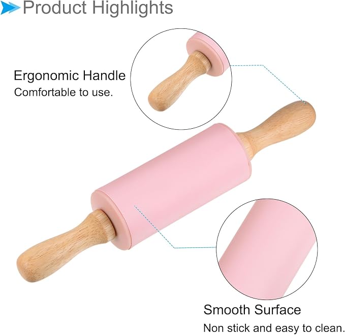 Silicone Rolling Pins, 9.25" Length, Silicone & Oak Non-Stick Ergonomic Wooden Handle Fondant Dough Roller Pink - (Applications: for Baking DIY Projects)