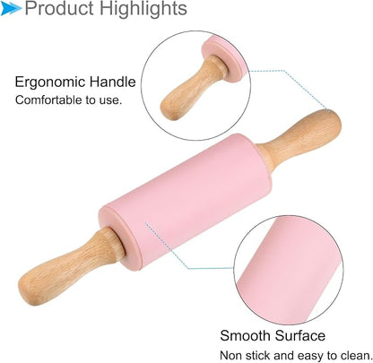 Silicone Rolling Pins, 9.25" Length, Silicone & Oak Non-Stick Ergonomic Wooden Handle Fondant Dough Roller Pink - (Applications: for Baking DIY Projects)