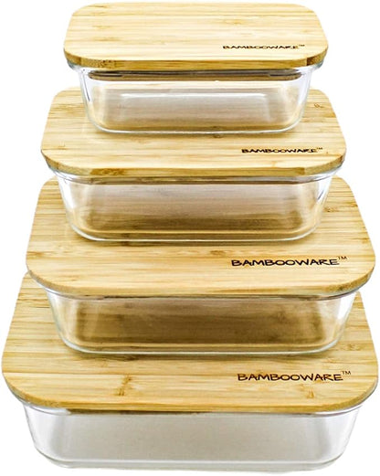 Bambooware Glass Containers with Lids | Non Plastic Glassware Set - Natural Raw Organic Wooden Bamboo Lids | Set of 4 | Reusable, BPA Free | Perfect for Meal Prep, Lunch, Leftovers, Kitchen