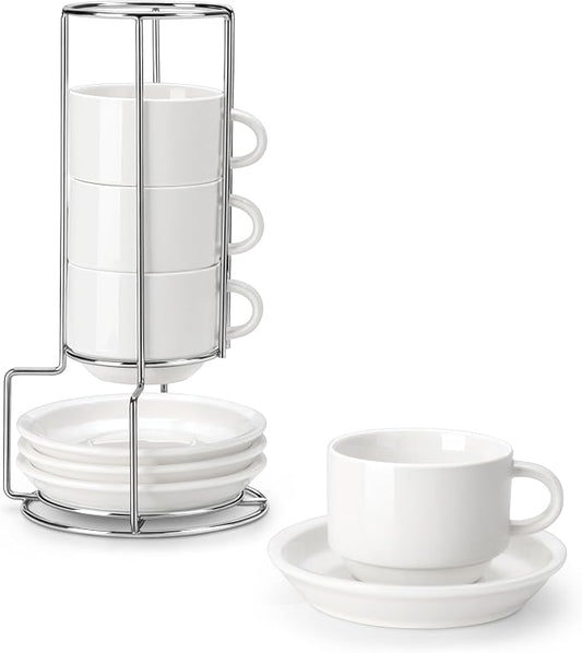 MALACASA 8 OZ Porcelain Espresso Cups with Saucers and Metal Stand Set of 4, Stackable Cappuccino Cups, White Expresso Shots Cup Set for Coffee Drinks, Latte, Tea