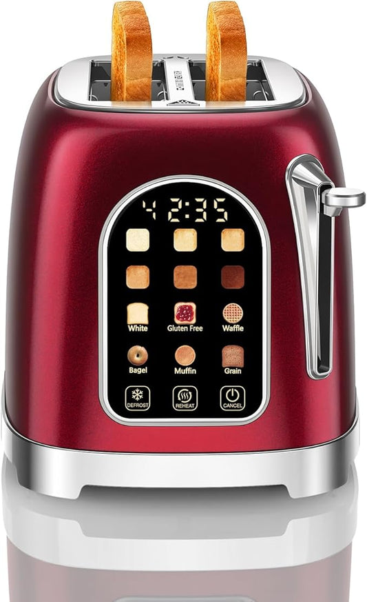 RONGBEST Retro Stainless Steel 2 Slice Toaster with Touchscreen Wide Slot for Family Breakfast Bagel & Bread, Reheat & Defrost, 6 Browning Levels, Removable Crumb Tray, Red Pearl