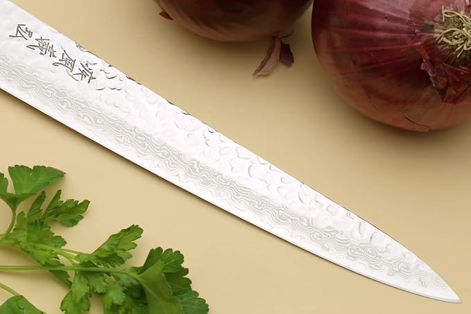Yoshihiro VG10 16 Layer Hammered Damascus Stainless Steel Sujihiki Slicer Chefs Knife (9.5'' (240mm))