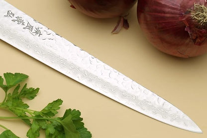 Yoshihiro VG10 16 Layer Hammered Damascus Stainless Steel Sujihiki Slicer Chefs Knife (9.5'' (240mm))