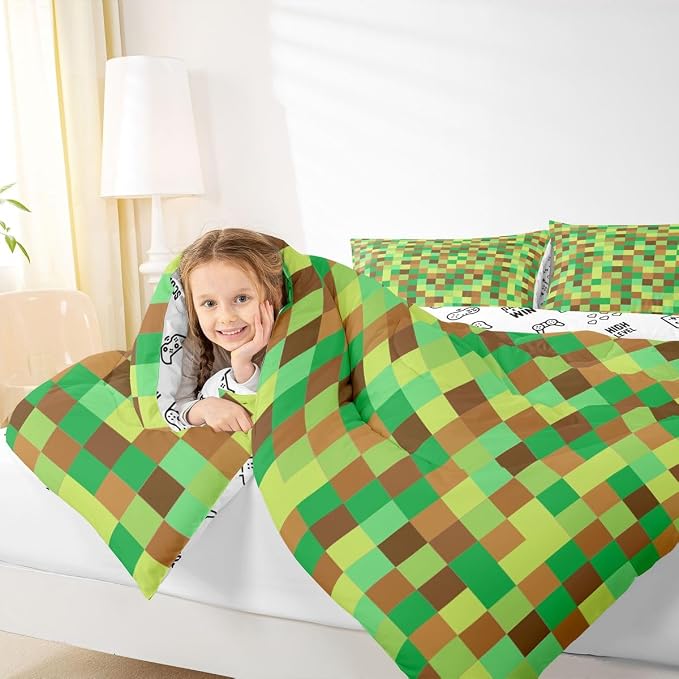 Manfei Pixelated Grid Bedding Set King Size,Geometric Camo Blocks Comforter Set with 2 Pillowcases,Miners Gamepad Games Bed Quilt,Green Brown Quilt Sets Home Decor,Women Men Birthday Gift