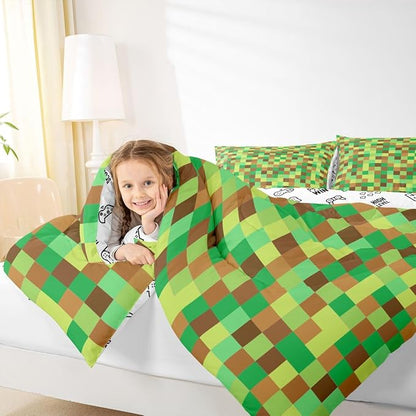 Manfei Pixelated Grid Bedding Set King Size,Geometric Camo Blocks Comforter Set with 2 Pillowcases,Miners Gamepad Games Bed Quilt,Green Brown Quilt Sets Home Decor,Women Men Birthday Gift