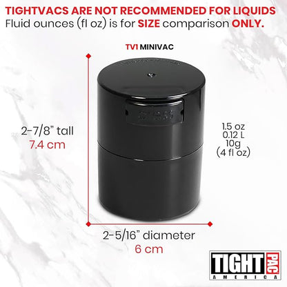 TIGHTPAC MINIVAC Portable Vacuum Seal Airtight Container – Keeps Coffee Beans, Grounds, Tea, Spices & Herbs Fresh Longer – Travel-Ready, NSF-Certified Food-Grade Storage, 10 to 30 Grams, Black Pearl