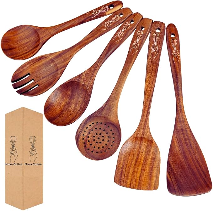Premium Wooden Utensil Set - 6 Piece wooden Spoons for Cooking - Heat-Resistant Safe Wood Spatula - Non-Stick & Light Weight Wood Spatula for cooking - Non-Stick Kitchen Spoons with smooth Handles