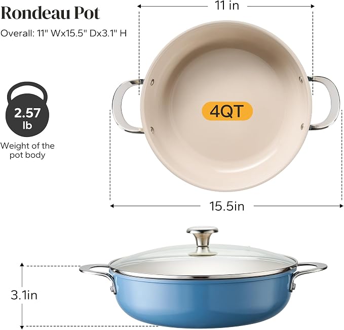 Redchef Stock Pot with Lid, Ceramic Soup Pot 4 Quart, Nonstick Stockpot Cooking Pot for Stews, Induction Braiser Rondeau Pot, Even Heating, Stay Cool Handle, Oven/Dishwasher Safe, PFAS Free (Blue)