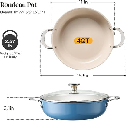 Redchef Stock Pot with Lid, Ceramic Soup Pot 4 Quart, Nonstick Stockpot Cooking Pot for Stews, Induction Braiser Rondeau Pot, Even Heating, Stay Cool Handle, Oven/Dishwasher Safe, PFAS Free (Blue)