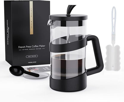 RAINBEAN Large French Press Glass Travel Camping Coffee Makers Pot, 34 oz Portable Cold Heat Press Coffee Tea Brewer