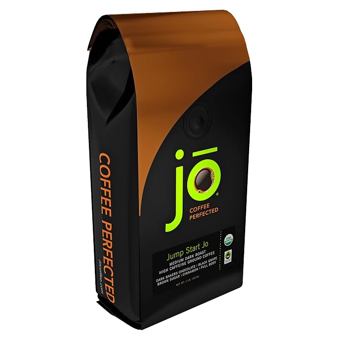JUMP START JO: High Caffeine Organic Coffee, 2 lb, Ground | Natural Extra Energy Boost, Medium-Dark Roast, Strong Bold Smooth, Dense Crema, USDA Fair Trade Organic Kosher Certified